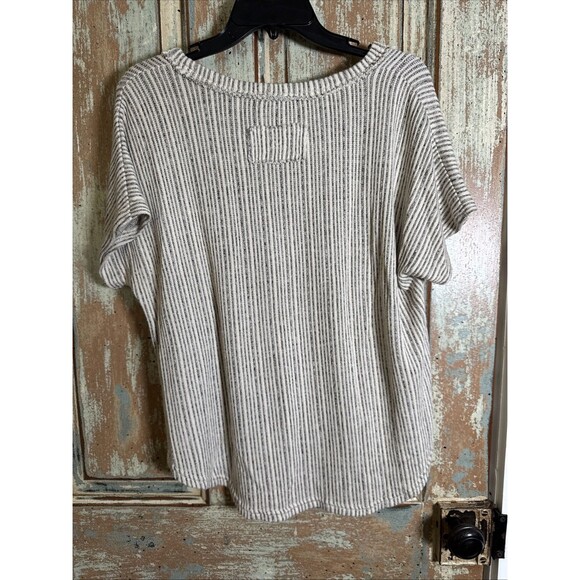 Blu Pepper Large Super Soft Gray And Cream Striped Short Sleeve Knit Top V-Neck - Picture 10 of 11